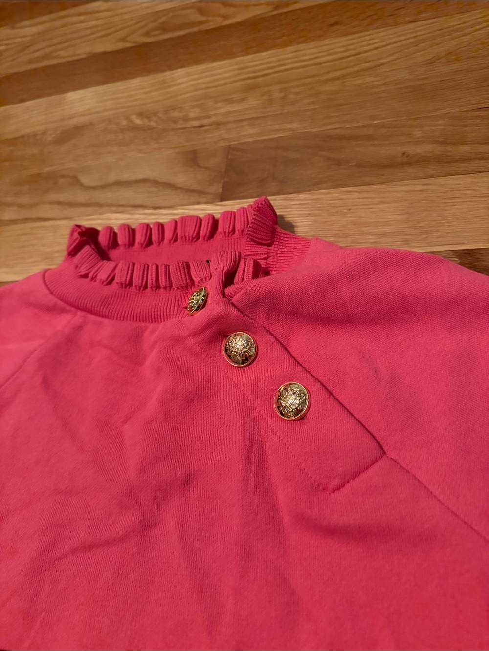 Talbots Pink Ruffle-Neck Sweatshirt with Gold Buttons - Picture 4 of 9